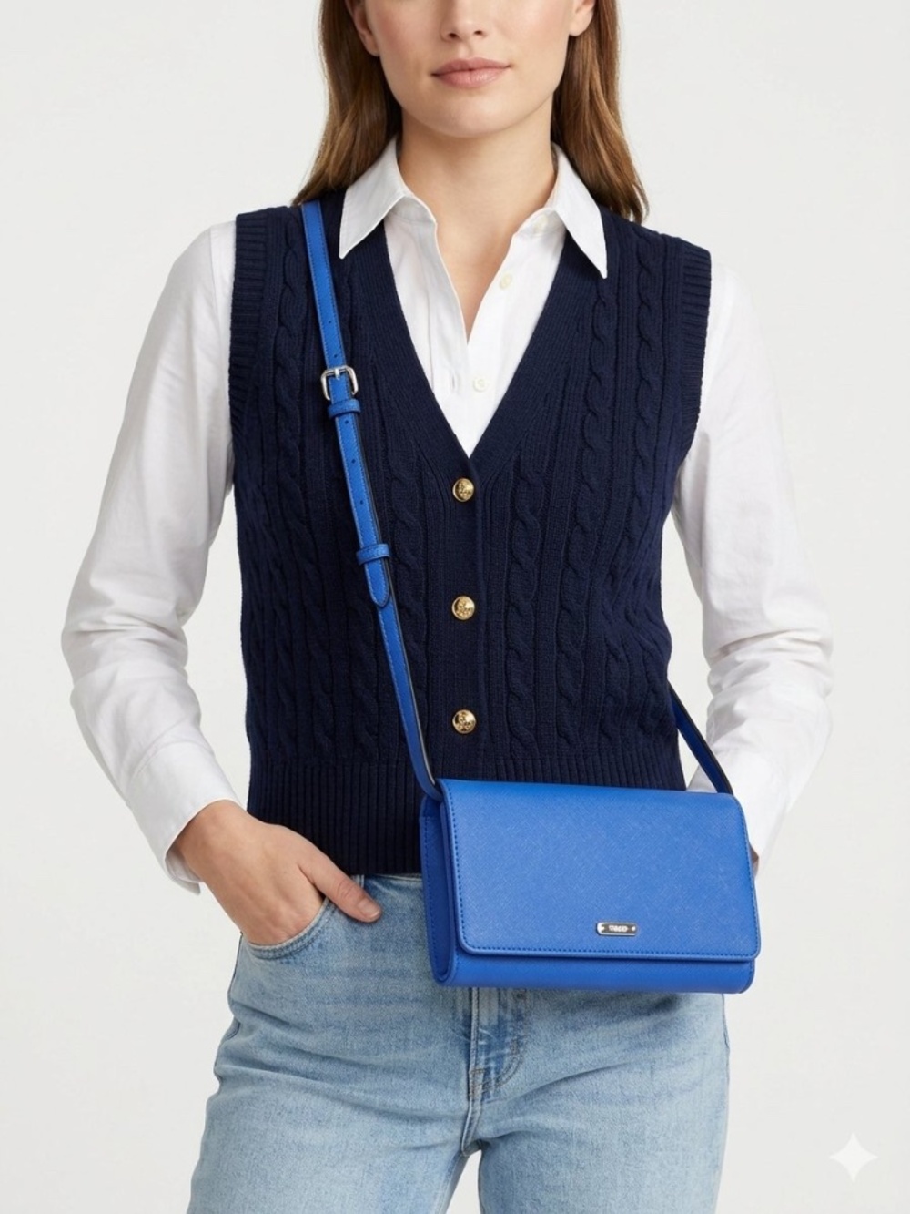 Chaps Cobalt Royal Blue Saffiano Crossbody Bag Wallet Envelope Purse Bold Preppy